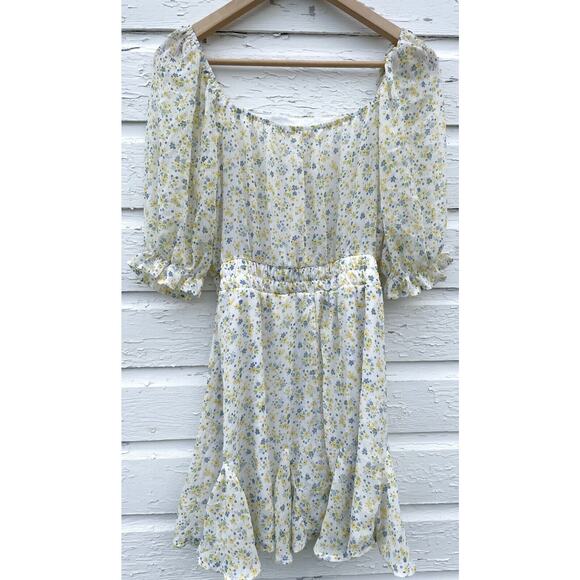 Mi Ami Dress Medium Yellow Chiffon Sheer Floral Ruffle Mini Cottage Bloused - Picture 5 of 6